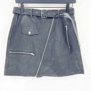 LF Seek The Label Faux Leather Skirt Womens S Black Asymmetric Zip A Line Belted